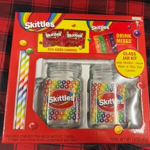 NEW!! SKITTLES GIFT BOX DRINK SET FUN DRINK MIXES GLASS JAR KIT AND CANDY STRAWS